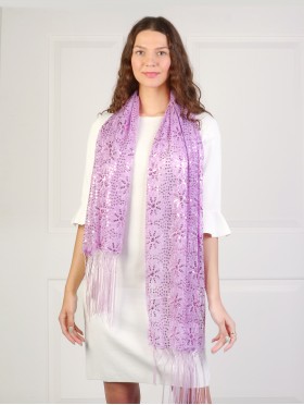 Sequined Flower Mesh Scarf W/ Fringe